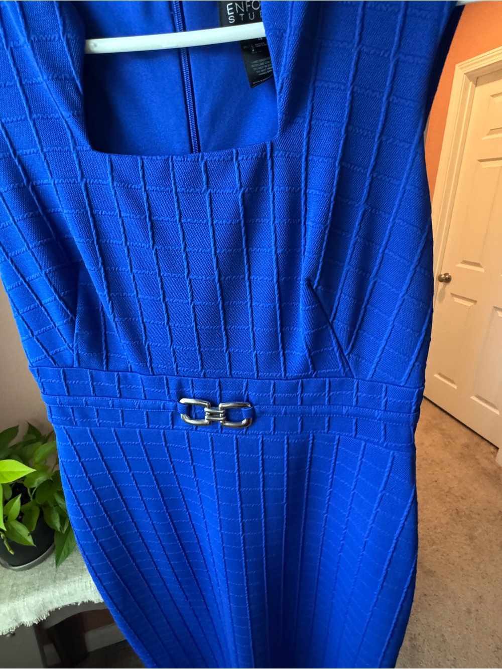 Enfocus Studio Cobalt Blue Textured Sheath Dress with Silver Buckle